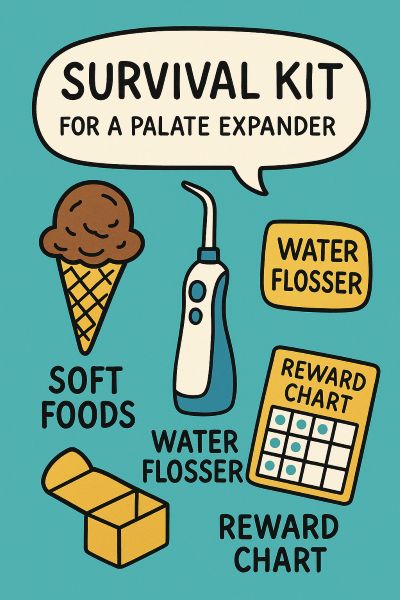 Cartoon-style survival kit for kids with a palate expander, featuring ice cream, a water flosser, and a reward chart — designed for comfort and care during orthodontic treatment at Elate Orthodontics.