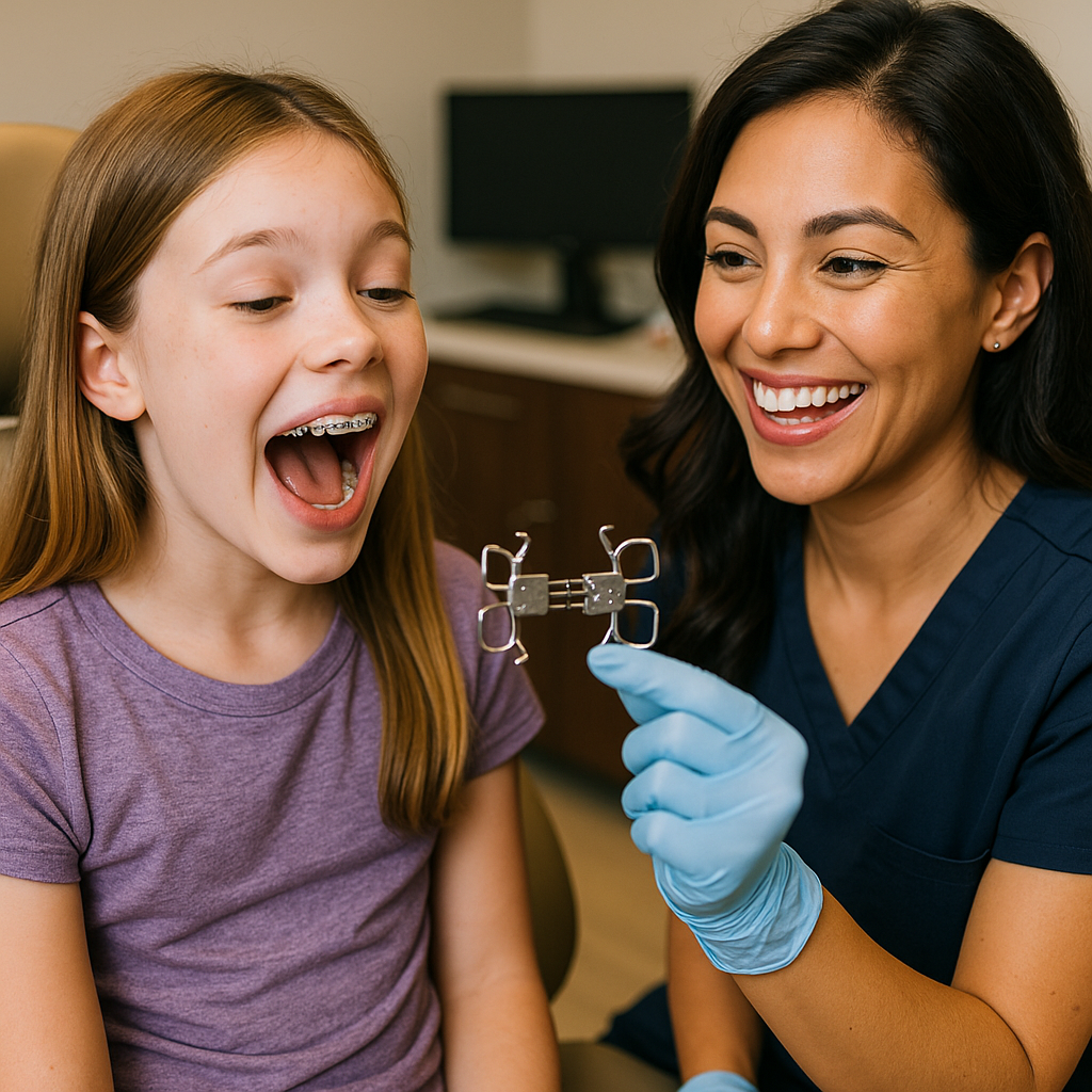 Orthodontist in Frisco showing a palate expander to a young patient during a consultation at Elate Orthodontics, highlighting expert care and modern treatment options for kids.