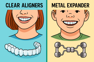 Side-by-side comparison of clear aligners and a metal palate expander, showing treatment differences for patients at Elate Orthodontics in Frisco, TX — highlighting discreet aligners vs. fixed expanders.